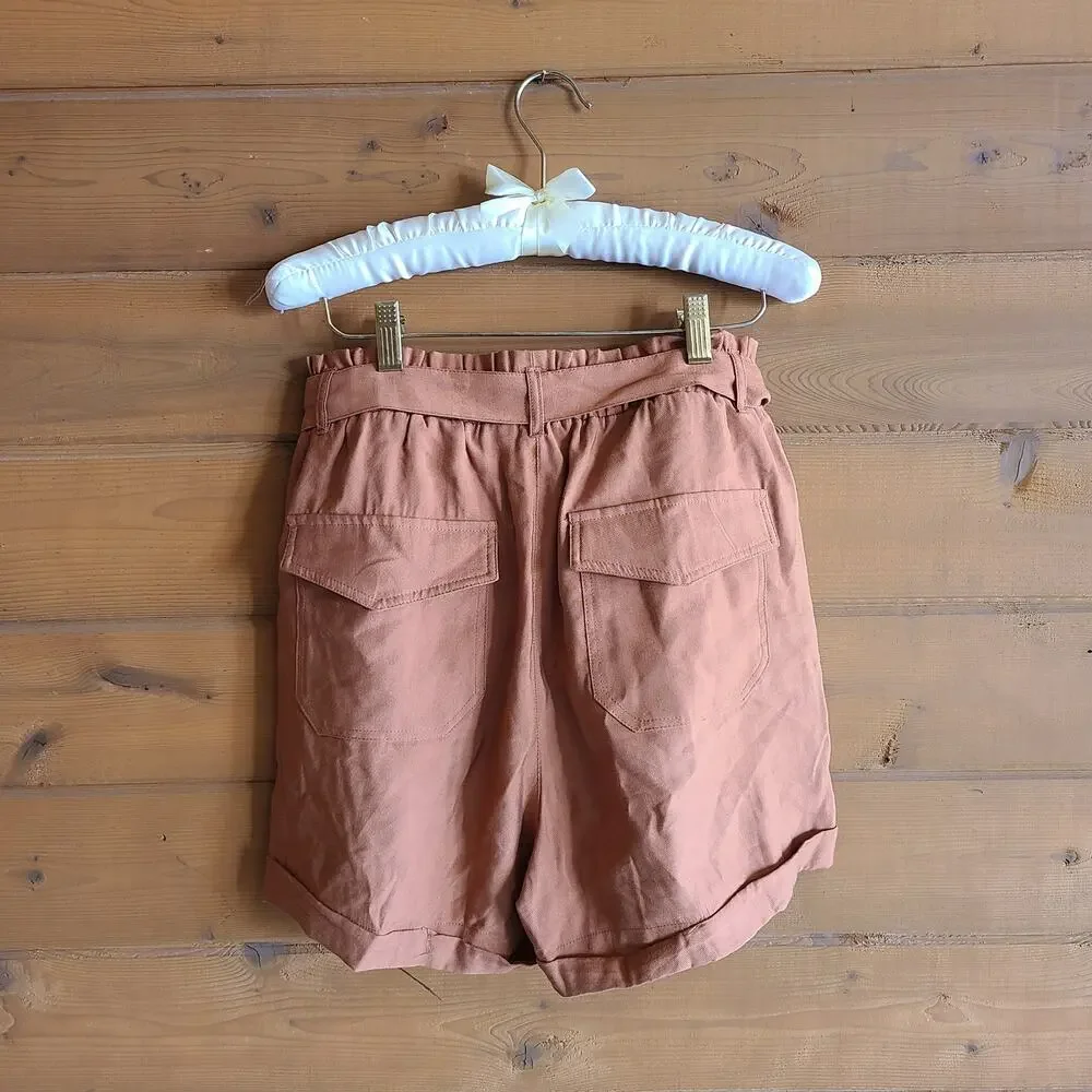 Grade & Gather Shorts Belted Tie Waist Summer Cognac Medium Boho Preppy Pocket - Picture 3 of 4